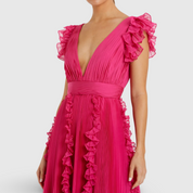 Pink Pleated Ruffle Cap Sleeve Flowy A Line Gown 49539