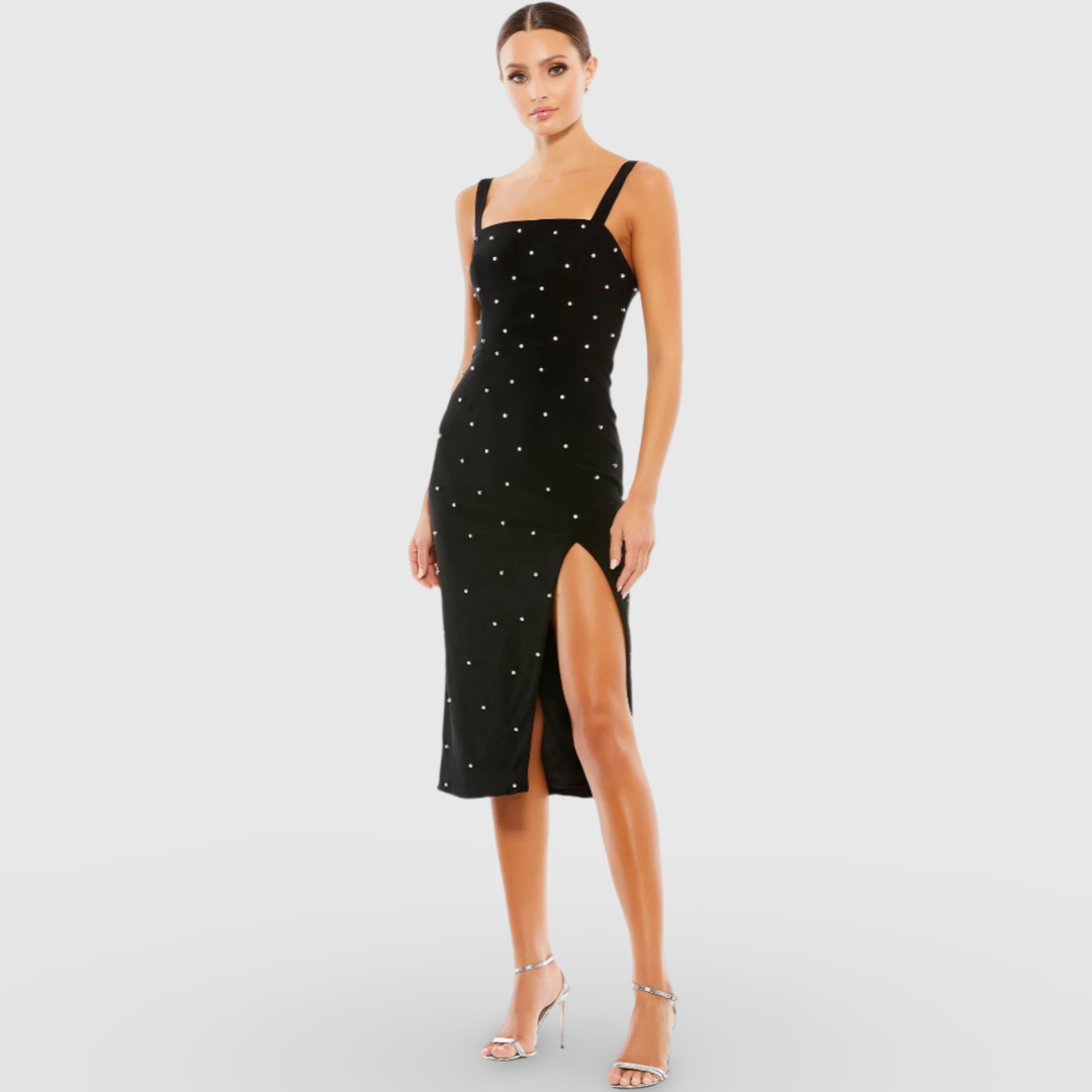 Black Rhinestone Sleeveless Slit Dress 70211