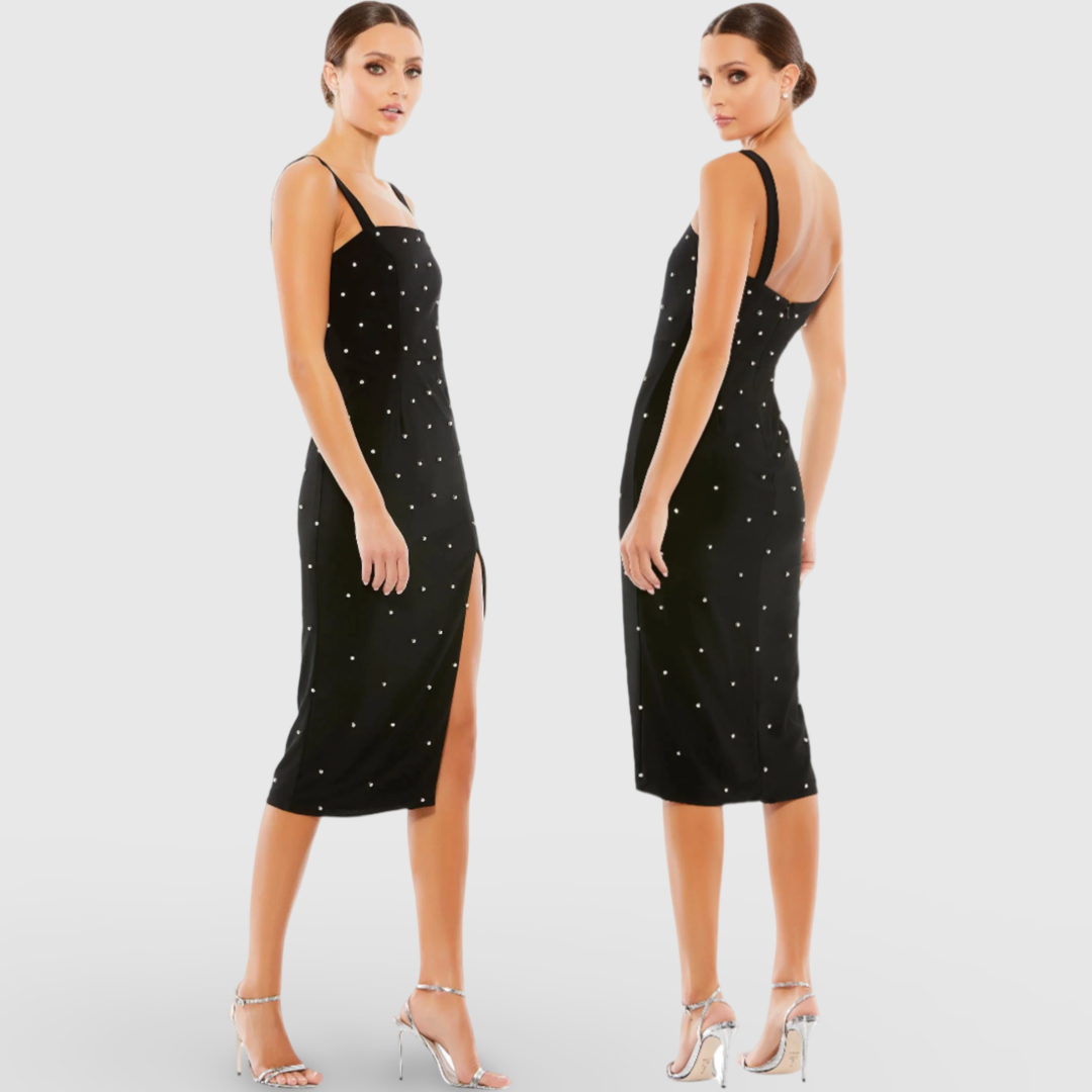 Black Rhinestone Sleeveless Slit Dress 70211