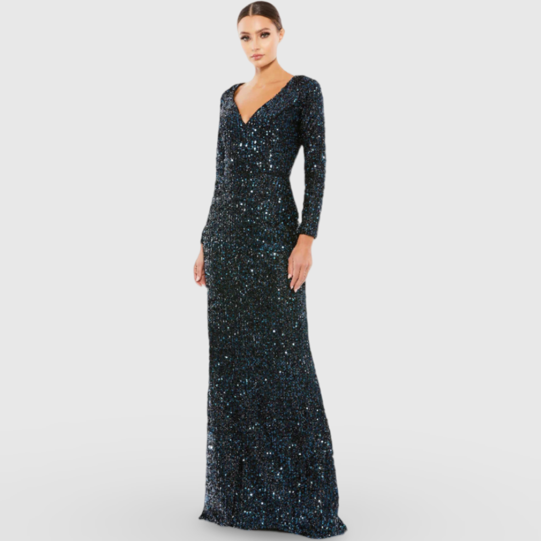 Navy Long Sleeve Sequined Gown Midnight 26445
