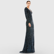 Navy Long Sleeve Sequined Gown Midnight 26445