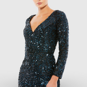 Navy Long Sleeve Sequined Gown Midnight 26445