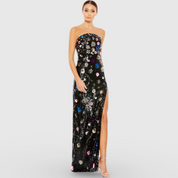 Black Floral Sequined Strapless Column Gown 93695