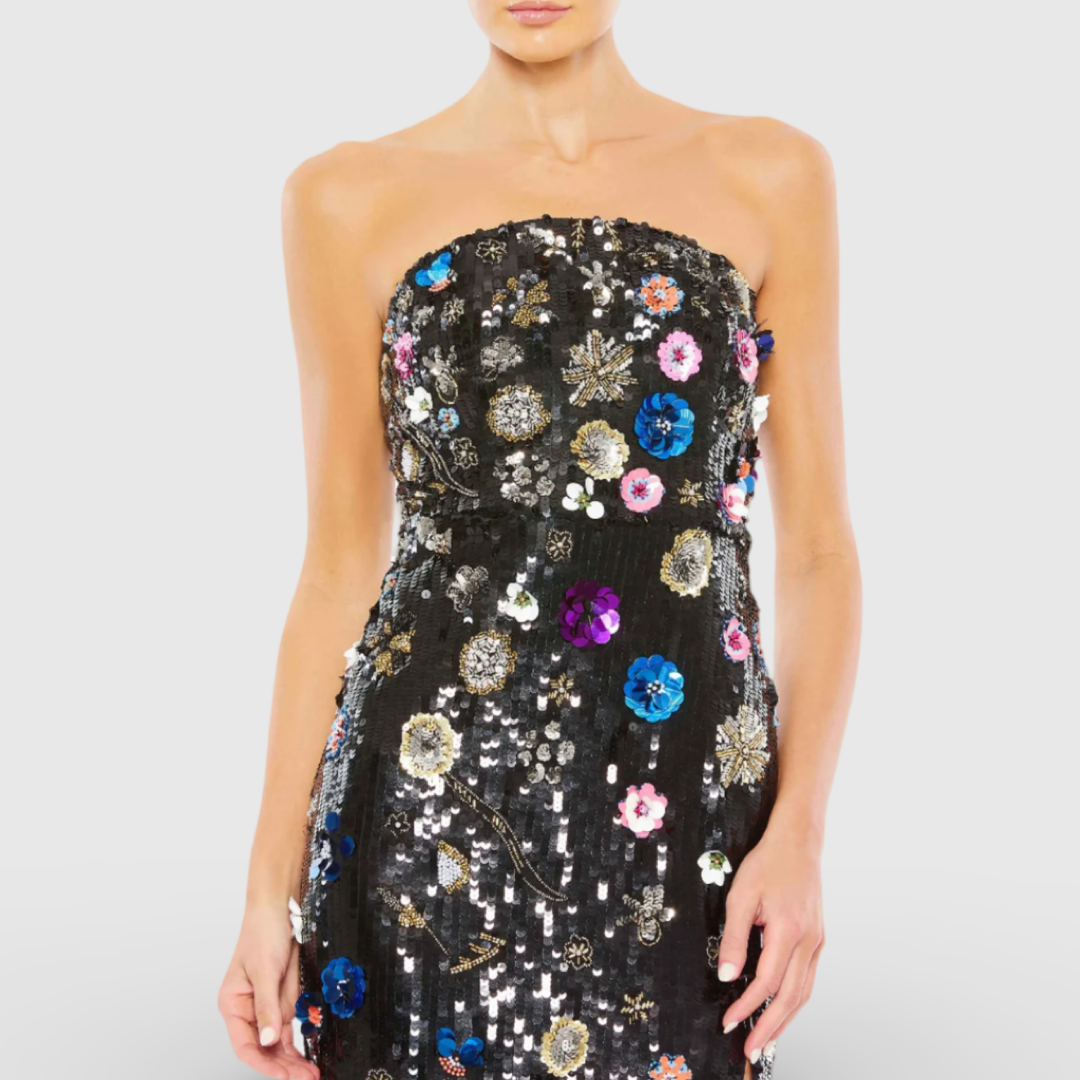 Black Floral Sequined Strapless Column Gown 93695
