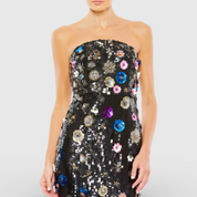 Black Floral Sequined Strapless Column Gown 93695