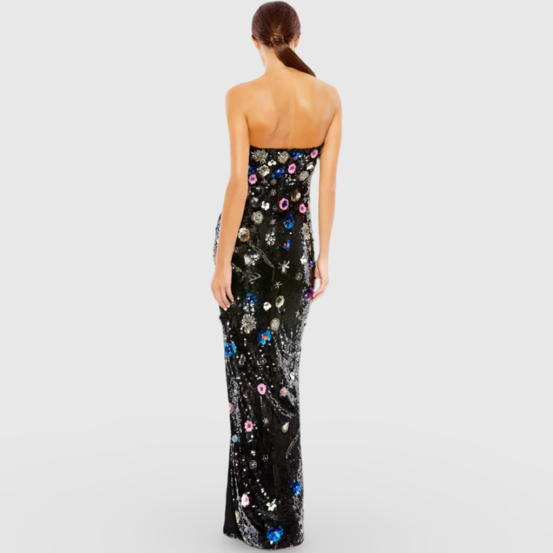 Black Floral Sequined Strapless Column Gown 93695