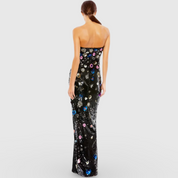 Black Floral Sequined Strapless Column Gown 93695