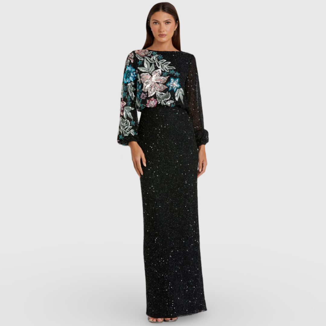 Black Embellished Floral High Neck Gown Black 5615