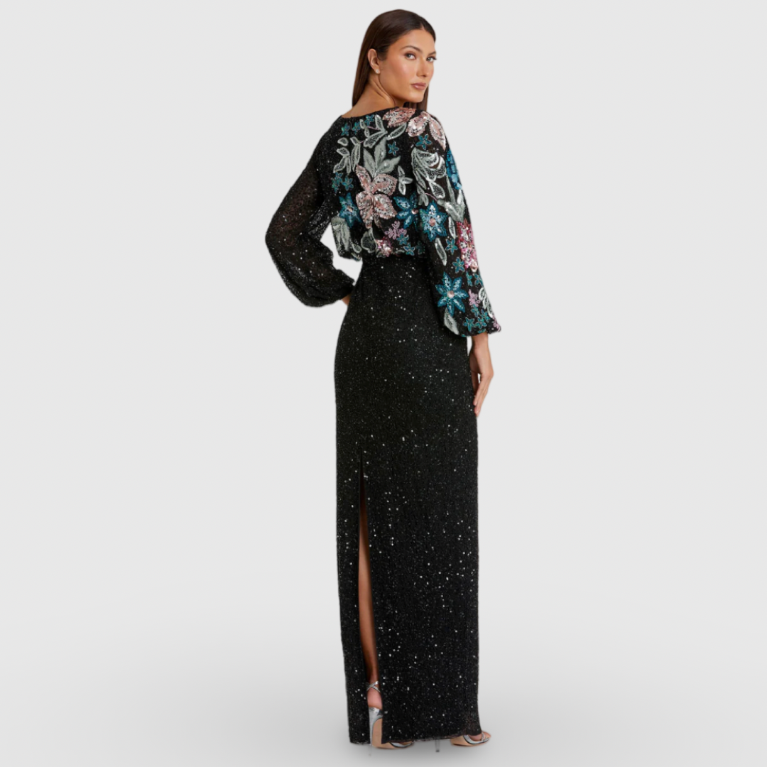 Black Embellished Floral High Neck Gown Black 5615