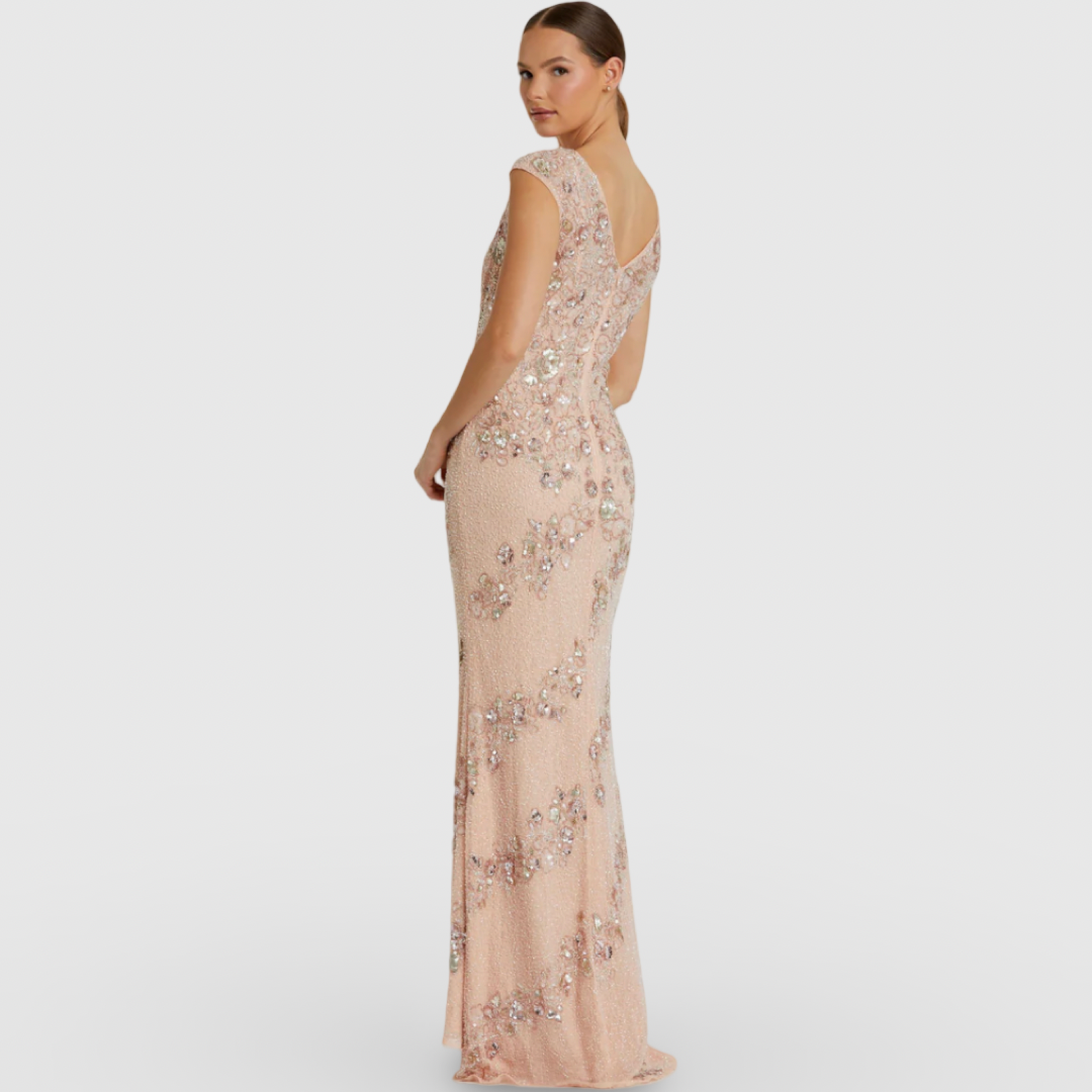 Embellished Bateau Neck Cap Sleeve Floral Beaded Column Gown 5500