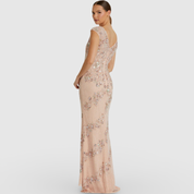 Embellished Bateau Neck Cap Sleeve Floral Beaded Column Gown 5500